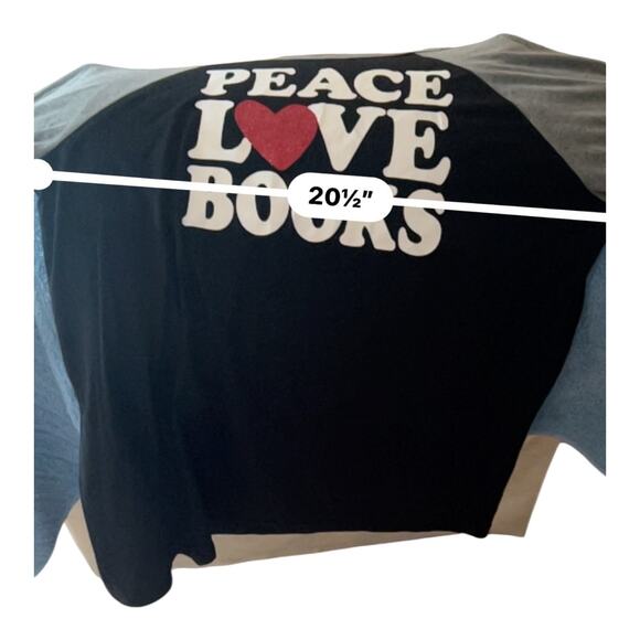 Bella + Canvas Peace Love Books Baseball Raglan Tee Women’s Large Graphic Shirt - Picture 8 of 8